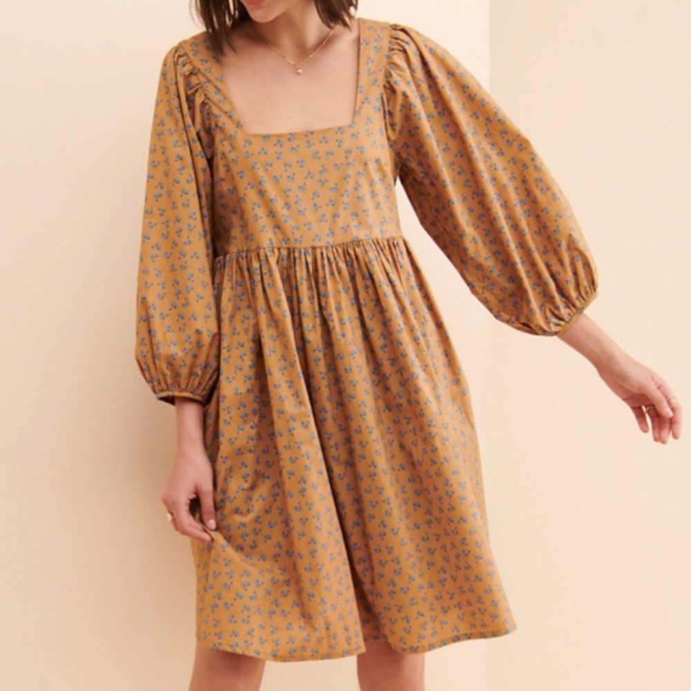 JUST Female Merle Floral Organic Cotton Babydoll Mini Dress Puff Sleeve Small